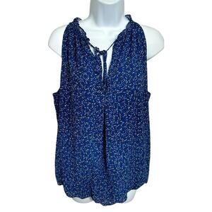 Max Studio Blue Floral Sleeveless Blouse Sz Large Elastic Bottom Hem Top Lined